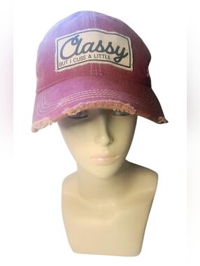 NWOT Headmost Distressed Red Baseball Cap "Classy But I Cuss A Little"